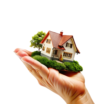 Hand holding a miniature house model with greenery on a transparent background.