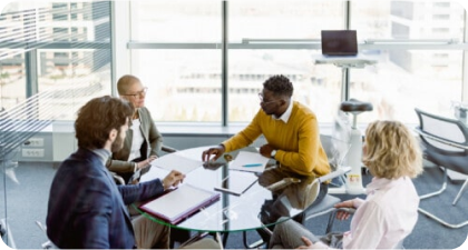 Team having a discussion in a modern office meeting