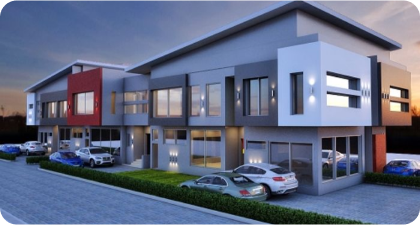 Modern residential apartment with parking area in front